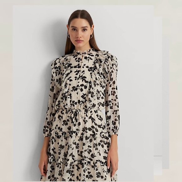 Lauren Ralph Lauren Leaf-Print Ruffle-Trim Georgette Dress - Picture 4 of 9